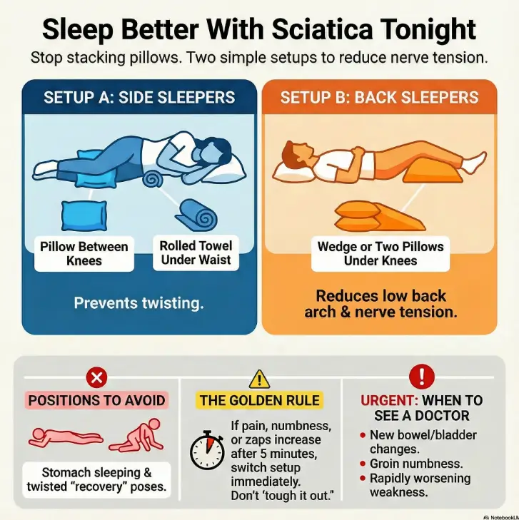 How to Sleep With Sciatica at Night: 2 Pillow Setups That Reduce Nerve Zaps 3 How to Sleep with Sciatica