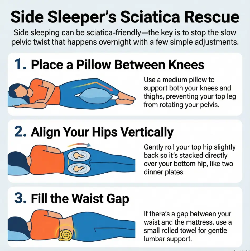 7 Side-Sleeping Fixes for Sciatica at Night (Including the Knee-Pillow Rule) 3 Side Sleeping Sciatica