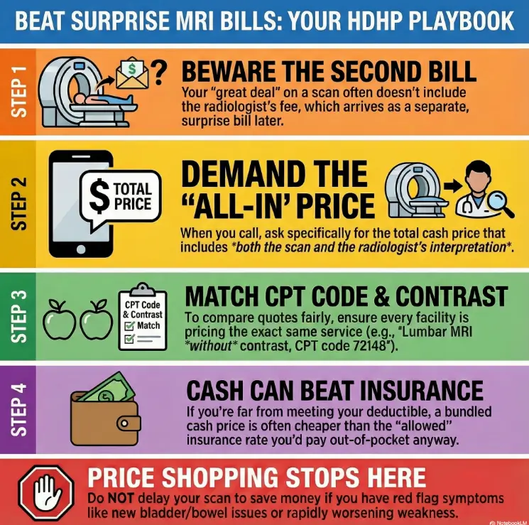 Lumbar MRI Cost With a High-Deductible Plan (HDHP): 7 Cash-Pay Wins That Cut the Bill 3 lumbar MRI cost on an HDHP