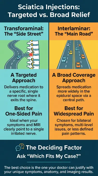 Transforaminal vs Interlaminar Epidural for Sciatica: Success Rates, Risks, and the 3 Questions I Wish I Asked 3 transforaminal vs interlaminar epidural