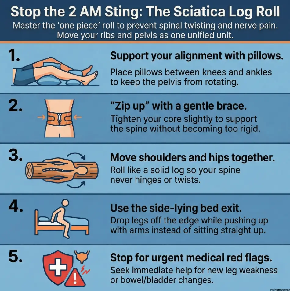 Log Roll Technique for Sciatica: How to Roll Over in Bed Without Twisting (Step-by-Step) 3 log roll technique for sciatica