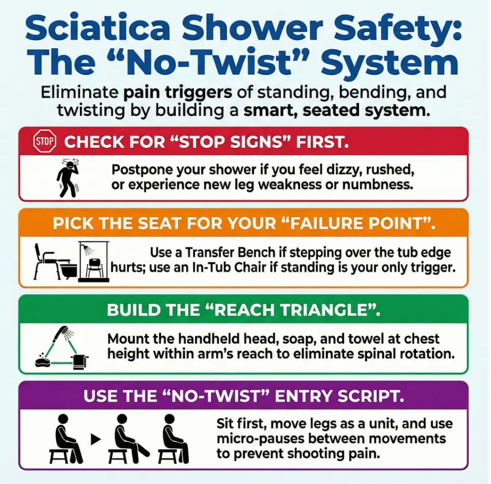 Showering With Sciatica When You Can’t Stand: Shower Chair + Handheld Shower Head Setup (No-Twist Entry, Low-Cost, Fall-Safer) 3 sciatica shower chair setup