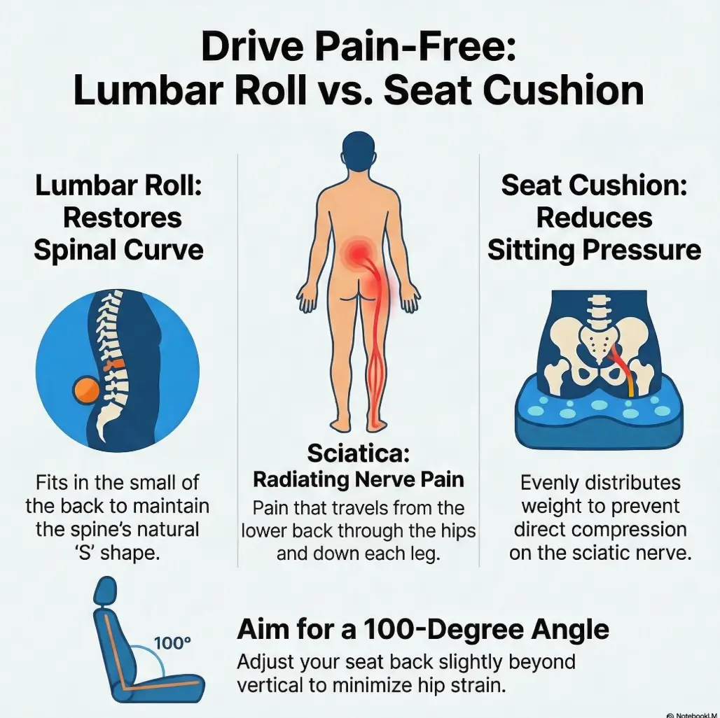 Commute-Triggered Sciatica: Seat Cushion vs Lumbar Roll, What Actually Helps on the Drive 3 seat cushion vs lumbar roll for sciatica